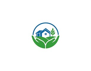 Stylized emblem of home, tree, and hands within a circle
