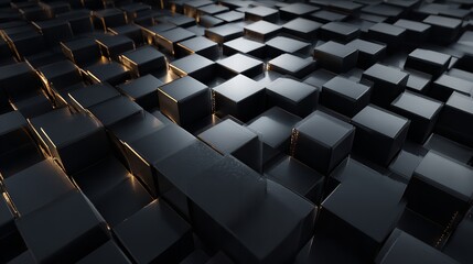 Obraz premium Abstract 3d render of a dark, metallic, textured surface composed of numerous cubes arranged in a grid pattern with dramatic lighting and shadows creating a sense of depth and complexity