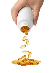 Hand Pouring Yellow Gel Capsules From White Bottle Healthcare And Medicine Concept