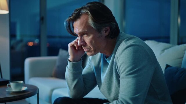 Home Stress and Man Thinking on Sofa &ndash; Mental Health, Anxiety, and Reflection