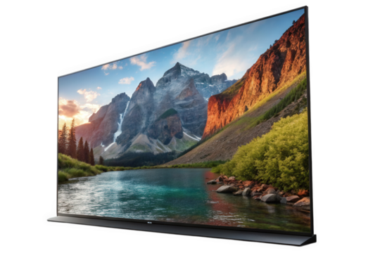 Sleek television displaying a mountain lake landscape isolated on transparent background