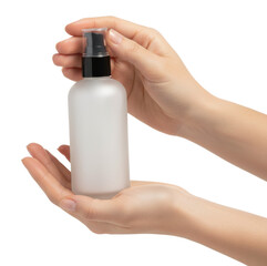 Woman Hands Holding Frosted White Cosmetic Bottle With Black Sprayer Lid Isolated