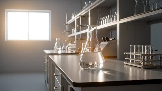 A bright and modern laboratory interior features scientific glassware on a clean workbench.