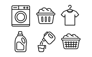 Laundry symbols: washing machine, detergent bottle, and clothing icons in linear style