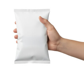 Hand Holding Blank White Snack Packet With Transparent Background Studio Shot