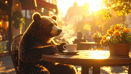 Relaxing Brown Bear Enjoying Coffee at Outdoor Caf&eacute; Table