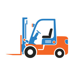 Orange and blue forklift truck graphic with black wheels and white background vehicle industrial