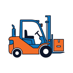 Orange and blue forklift truck lifting a cardboard box vector