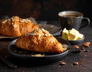 Close-up of almond croissant on a plate, coffee, and butter