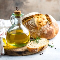 Still life of bread, olive oil, and herbs on a rustic surface