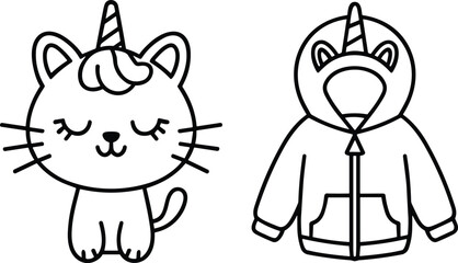 Unicorn cat character and hoodie design vector set, fantasy animal fashion sketch for kids apparel, CAD drawing flat vector
