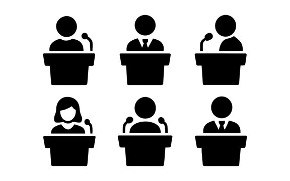 Silhouette icons of speakers at podiums for public speaking and presentation design