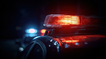 Emergency response with flashing police lights during night patrol in urban area