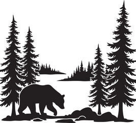 Black silhouette bear walking in pine forest landscape