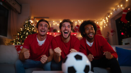 Three happy young men watching soccer match on tv at home during christmas holidays celebrating goal with joy and festive decorations.