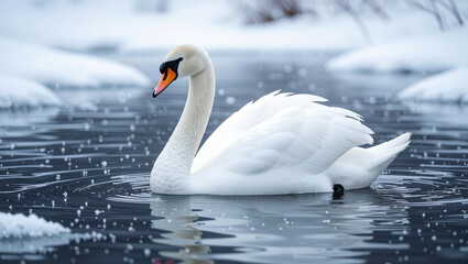Fototapeta premium Elegant white swan gracefully swims in icy winter water with snow.