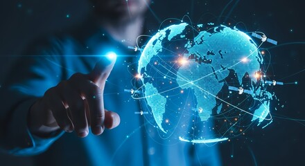 Person touching a digital globe with satellite connections and glowing blue light effect