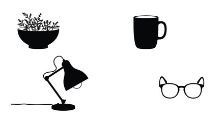 A simple black silhouette arrangement of plant mug lamp and glasses