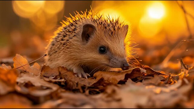 Juvenile hedgehog on European forest floor at golden hour; warm, realistic autumn mood with bokeh and copy space.