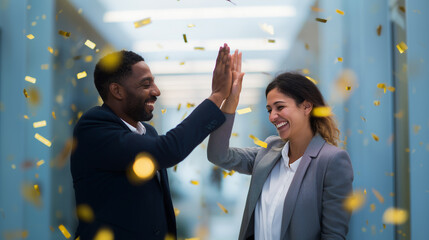 Two diverse colleagues celebrating a successful end of year with an enthusiastic high five while golden confetti falls around them in a modern corporate office during the christmas season.