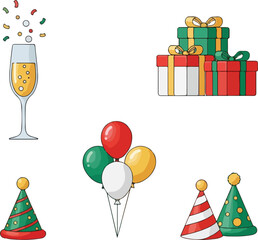 Flat vector illustration of a festive Christmas icon set, featuring a champagne glass, wrapped gifts, balloons, and party hats in a colorful and celebratory arrangement.