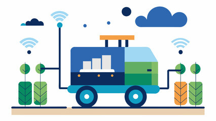 Naklejka premium A mobile irrigation unit equipped with AI technology able to analyze soil conditions and adjust water usage while moving through different fields.. Vector illustration