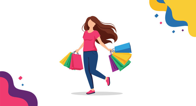 A happy woman with shopping bags is strolling through the mall, making a purchase at the department store while indulging in retail therapy.