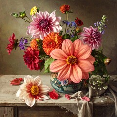 Still life of colorful dahlias and other blossoms in a vase