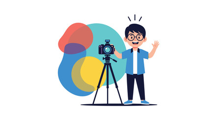 Enthusiastic young photographer with a camera on a tripod waving, standing in front of colorful abstract shapes, ready to capture memories.