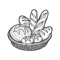 Fototapeta premium A charming hand-drawn illustration of a woven basket overflowing with freshly baked bread loaves and rolls, perfect for bakery or food-related designs