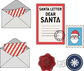 Flat vector illustration of a Christmas icon set featuring letters to Santa, envelopes, a stamp, and a wax seal on a clean white background.