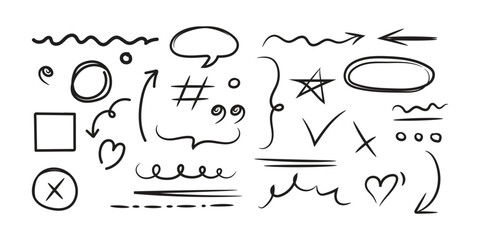 Line cute element set. Hand-drawn sketch doodle style arrow, cloud, star with marker stroke pencil highlight. Doodle sketch heart, star, cloud cartoon sticker shapes