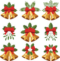 Flat vector illustration of a Christmas icon set featuring golden bells with red bows and festive holly on a white background.