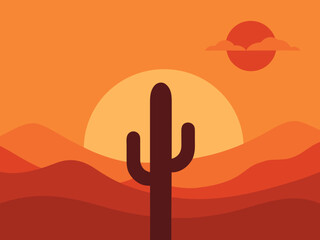 Desert landscape with cactus silhouette against a sunset in warm orange tones