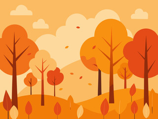 Autumn landscape with orange trees and falling leaves in a simple flat design
