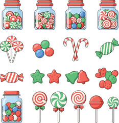 Flat vector illustration of a colorful Christmas icon set featuring various candies and sweets on a white background.