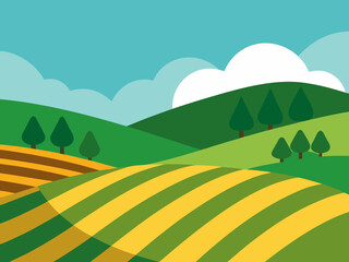 Obraz premium Scenic farmland landscape with rolling hills and fields under a bright blue sky