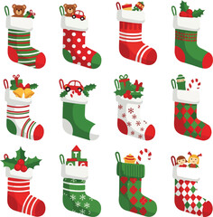 A flat vector illustration of a colorful Christmas icon set featuring various decorated stockings on a white background.
