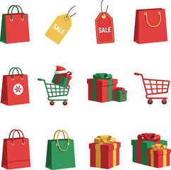 Flat vector illustration of a Christmas-themed icon set featuring shopping bags, sale tags, gift boxes, and a shopping cart on a white background.