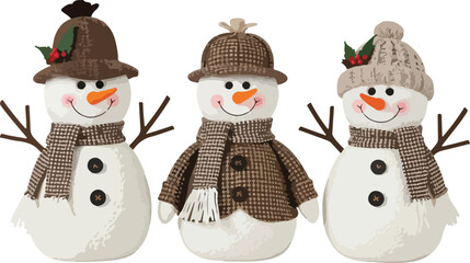 Three cheerful snowmen wearing hats and scarves in a flat vector illustration against a clean white background for Christmas.