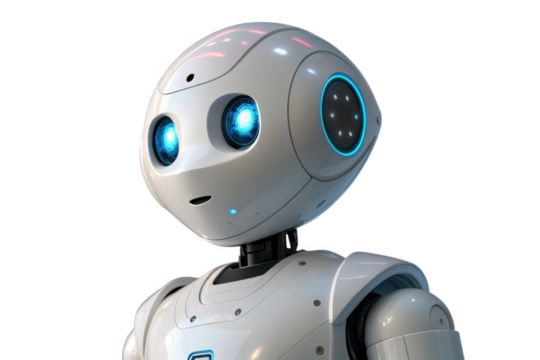 Friendly white robot with glowing blue eyes isolated on transparent background