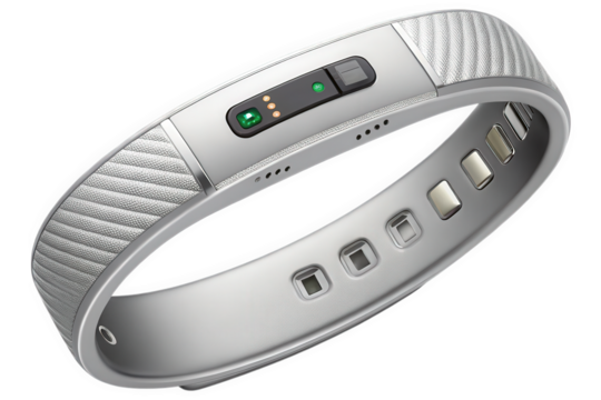 Silver fitness tracker with digital display isolated on transparent background