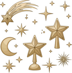 A flat vector illustration of a Christmas icon set featuring gold stars, a crescent moon, and shooting star on a white background.