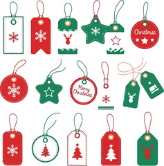 A flat vector illustration of a Christmas icon set featuring various gift tags, shapes, and designs in red, green, and white on a clean white background.