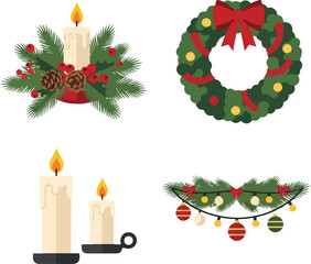 A flat vector illustration of a Christmas icon set featuring a festive wreath, candles, and ornaments on a clean white background with a joyful mood.