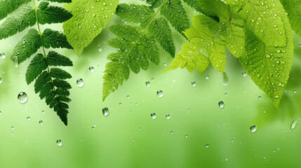 Fresh green fern leaves with water droplets on moss green gradient background create natural, refreshing, and tranquil atmosphere