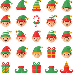 A flat vector illustration of a Christmas icon set featuring elf faces, hats, and gifts on a white background.