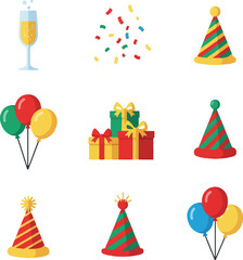 Flat vector illustration of a colorful Christmas icon set featuring party hats, balloons, gifts, and champagne against a clean white background.