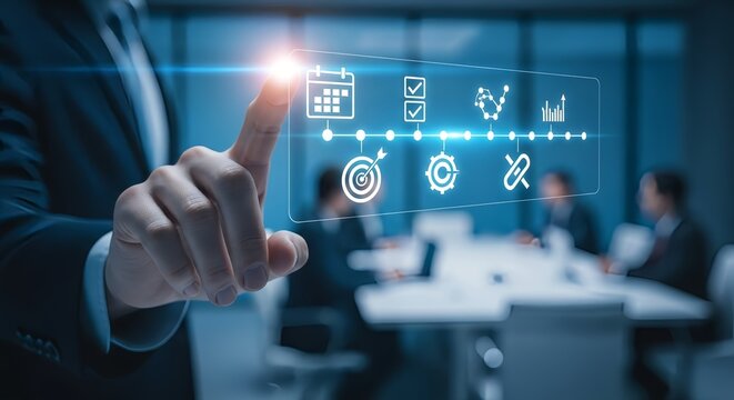 Man interacting with digital interface displaying business process and timeline icons