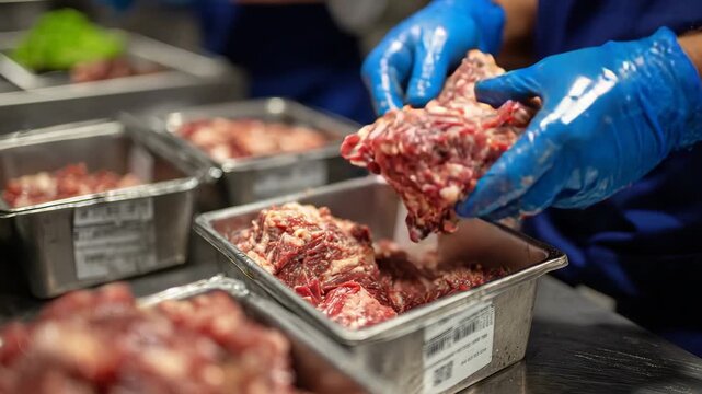 54Close-up view of hands in blue gloves placing chopped meat into sanitized containers, labels for traceability visible, emphasizing hygiene and order